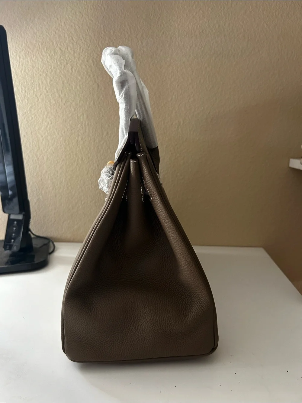 35cm Khaki Leather Top-Handle Satchel